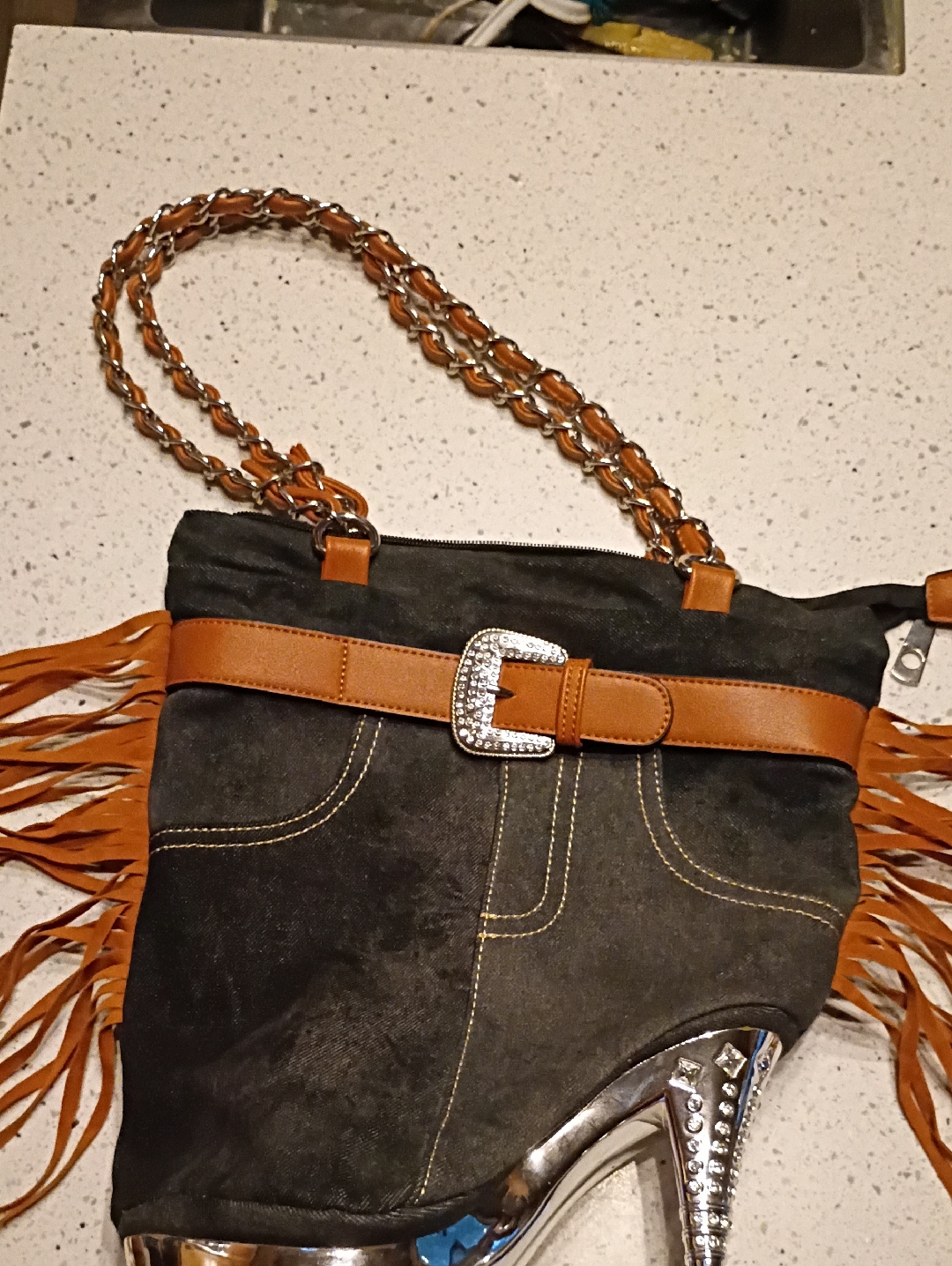 Fringed Denim & Tan Chain-Handle Shoulder Bag With Rhinestone Buckle &Shoe